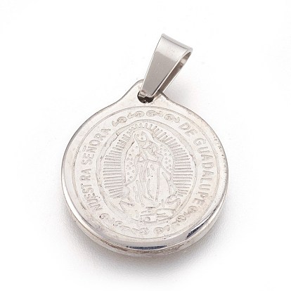 304 Stainless Steel Lady of Guadalupe Pendants, Flat Round with Virgin Mary