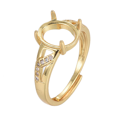 Adjustable Brass Finger Ring Components, 4 Claw Prong Ring Settings, with Cubic Zirconia, Long-Lasting Plated