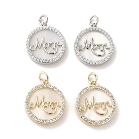 Mother's Day Brass Micro Pave Cubic Zirconia Pendants, with Shell, Flat Round with Word Mama
