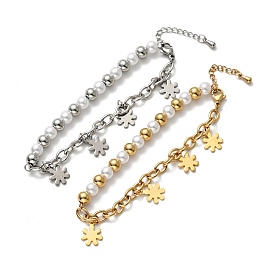 201 bracelet à breloques flocon de neige en acier inoxydable, bracelet en perles de plastique avec 304 chaînes de câbles en acier inoxydable pour femmes
