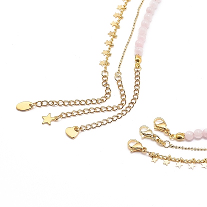 3Pcs 3 Style Natural Rose Quartz Cross & Star Pendant Necklaces Set with Brass Chains, Gemstone Jewelry for Women
