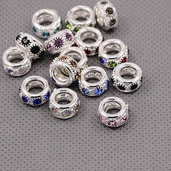 Brass Rhinestone European Beads, Large Hole Beads, Grade A, Rondelle, Silver Color Plated, 10x5~6mm, Hole: 5mm