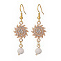 Crystal Rhinestone Sun with Natural Howlite Dangle Earrings, Brass Long Drop Earrings for Women