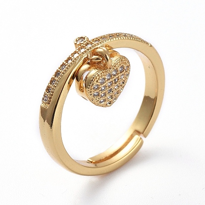 Adjustable Brass Finger Rings, with Micro Pave Cubic Zirconia, Heart