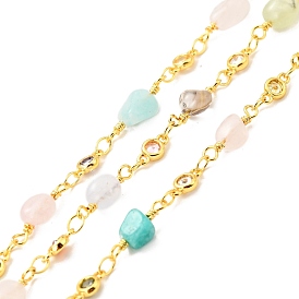 Rack Plating Brass Flat Round Link Chains, with Clear Cubic Zirconia and Natural Mixed Gemstone Nuggets Beaded, Long-Lasting Plated, Unwelded, with Spool, Cadmium Free & Lead Free
