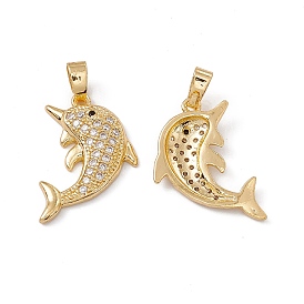 Brass Micro Pave Cubic Zirconia Pendant, with Glass, Real 18K Gold Plated, Dolphin Charm