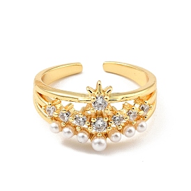 Étoile de zircone cubique avec anneau de manchette ouvert en perle acrylique, bijoux en laiton plaqué or véritable 18k pour femmes, sans cadmium et sans plomb