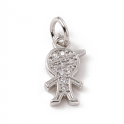 Brass Micro Pave Clear Cubic Zirconia Boy Charms, with Open Jump Rings