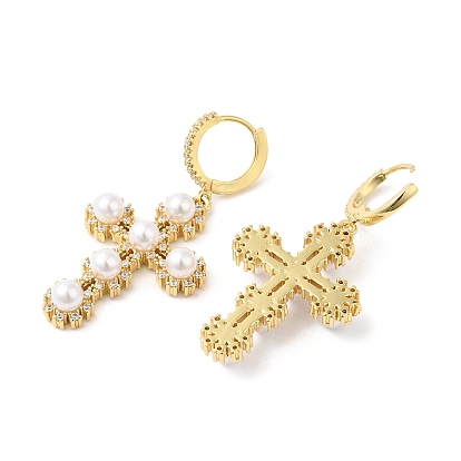 Boucles d'oreilles créoles pendantes croix zircone cubique avec perle d'imitation en plastique ABS, bijoux en laiton pour femmes