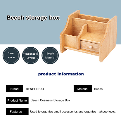 Beech Wood Cosmetic Drawer Storage Organizer Box, for Neat & Organize Storing of Makeup Tools, Small Accessories