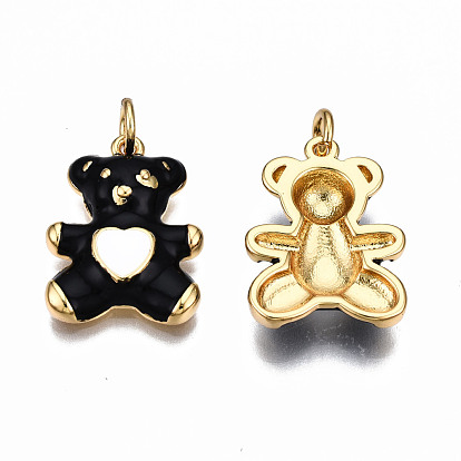 Brass Enamel Pendants, with Jump Rings, Nickel Free, Real 16K Gold Plated, Bear with Heart