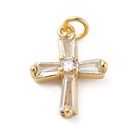 Rack Plating Brass Micro Pave Cubic Zirconia Pendants, Real 18K Gold Plated, Long-Lasting Plated, Lead Free & Cadmium Free, Cross