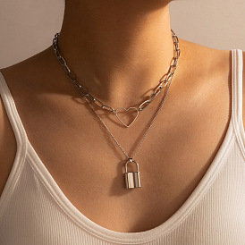Gros collier de serrure de coeur en métal argenté à double couche avec chaîne épaisse