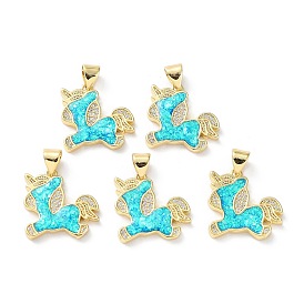 Rack Plating Brass Micro Pave Cubic Zirconia Pendants, Synthetic Opal Horse Charms with Snap on Bail, Cadmium Free & Lead Free, Long-Lasting Plated, Real 18K Gold Plated