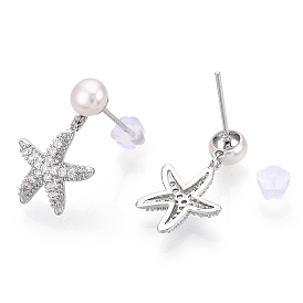 Natural Pearl Stud Earrings, Brass Micro Pave Clear Cubic Zirconia Starfish Drop Earrings with 925 Sterling Silver Pins