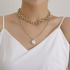 Double-layered Pearl Pendant Necklace with Bold Aluminum Chain for Women's Retro and Personalized Fashion Jewelry
