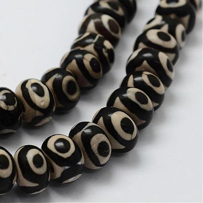 Tibetan Style 3-Eye dZi Beads Strands, Natural Agate Beads, Dyed & Heated, Rondelle