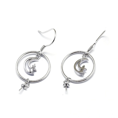 925 Sterling Silver Dangle Earring Findings, with Cubic Zirconia, For Half Drilled Beads, Moon, Clear