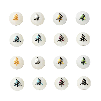 80pcs 8 couleurs perles de verre opaques de noël, rond avec motif d'arbre de Noël galvanoplastie