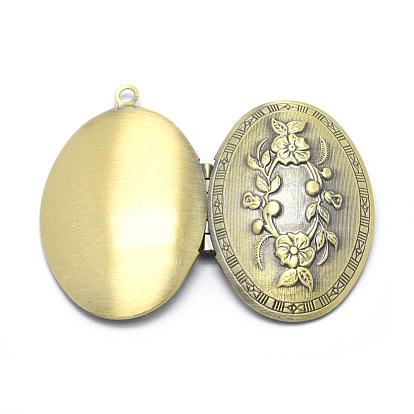 Brass Locket Pendants, Photo Frame Charms for Necklaces, Cadmium Free & Nickel Free & Lead Free, Oval with Flower