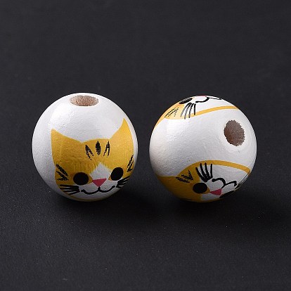 Printed Wood European Beads, Large Hole Beads, Round with Cat Pattern