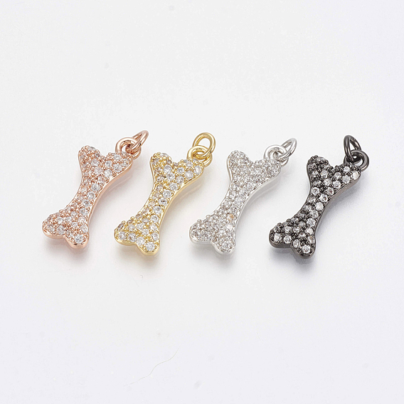 Brass Micro Pave Cubic Zirconia Pendants, with Jump Rings, Bone, Clear