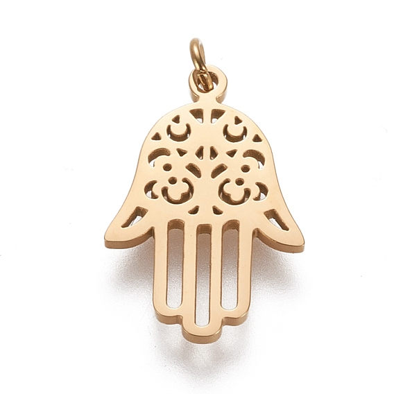 304 Stainless Steel Pendants, with Jump Ring, Laser Cut, Hamsa Hand/Hand of Fatima/Hand of Miriam