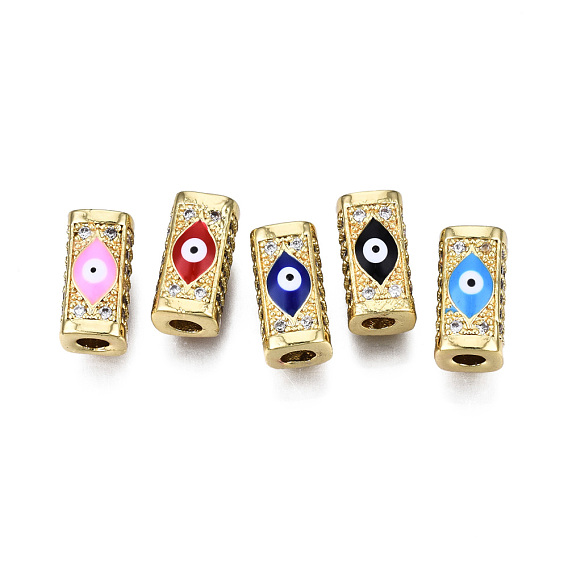Brass Micro Pave Cubic Zirconia Beads, with Enamel, Real 18K Gold Plated, Rectangle with Evil Eye, Nickel Free