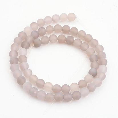 Natural Grey Agate Bead Strands, Frosted, Round