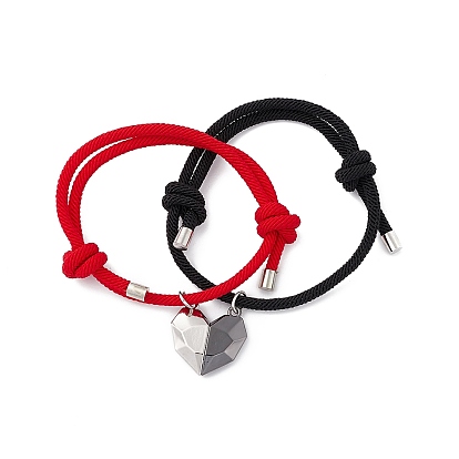 2Pcs 2 Color Magnet Alloy Matching Heart Charm Bracelets Set, Adjustable Couple Bracelets for Best Friends Lovers