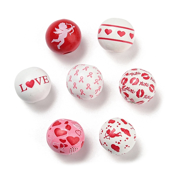 Perles en bois imprimées, perles rondes pour la Saint-Valentin