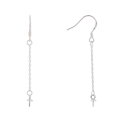 925 Sterling Silver Earring Hooks Findings, with Cable Chain & Cup Pearl Bail Pin