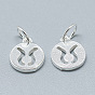 925 Sterling Silver Charms, with Jump Ring, Flat Round with Constellation/Zodiac Sign