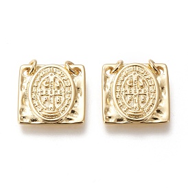 Brass Charms, with Jump Rings, Long-Lasting Plated, Square with Saint Benedict Medal/Saint Benedict