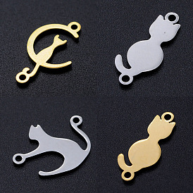 201 Stainless Steel Connector Charms, Cat/Cat with Moon