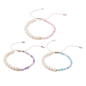 3Pcs 3 Color Glass Seed & Natural Pearl Braided Bead Bracelets Set, Nylon Adjustable Bracelets