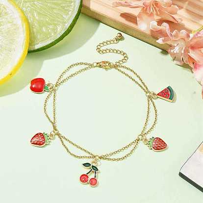 Alloy Enamel Fruit Charm Anklet, with Ion Plating(IP) Light Gold 304 Stainless Steel Cable Chains