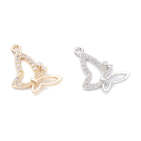 Rack Plating Brass Micro Pave Cubic Zirconia Charms, Long-Lasting Plated, Butterfly