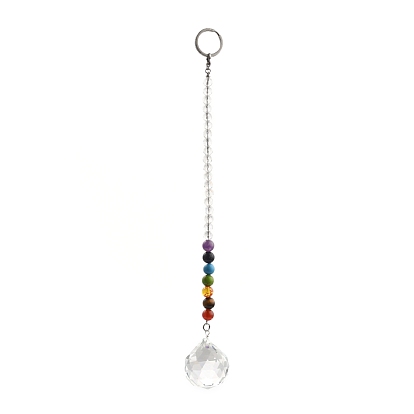 Chakra Round Ball Crystal Suncatcher Dowsing Pendulum Pendants, with 304 Stainless Steel Split Key Rings, Glass and Gemstone Beads, Velvet Bag, Stainless Steel Color