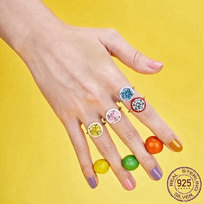 925 Sterling Silver Rings, Birthstone Ring, with Enamel & Cubic Zirconia for Women, Flat Round, Real 18K Gold/Platinum Plated