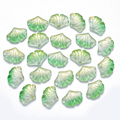 Two Tone Transparent Spray Painted Glass Pendants, with Glitter Powder, Ginkgo Leaf