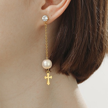 Golden 304 Stainless Steel Dangle Stud Earrings, Tassel Earrings with Imitation Pearl