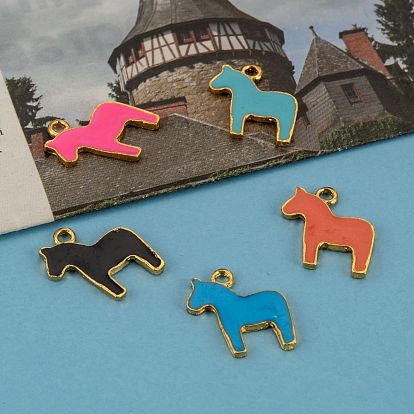 Émail d'alliage pendentifs cheval animal, métal couleur or, 19x17x2mm, Trou: 1mm