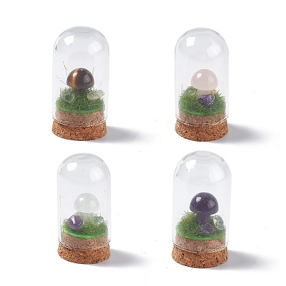 Décoration d'affichage de champignons en pierres précieuses naturelles avec couvercle cloche en dôme en verre, Ornements de cloche de base en liège pour la décoration de la maison