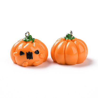 Halloween Opaque Resin Pendants, Pumpkin Jack-O'-Lantern Charms, with Platinum Tone Iron Loops