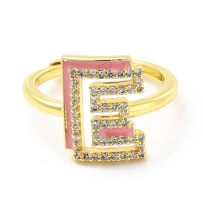 Mixed Color Enamel Initial Letter Adjustable Ring with Clear Cubic Zirconia, Real 18K Gold Plated Brass Jewelry for Women, Cadmium Free & Lead Free