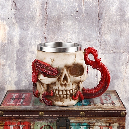 Halloween 304 Stainless Steel 3D Skull Mug, Resin Octopus Tentacles Skeleton Beer Cup, for Home Decorations Birthday Gift