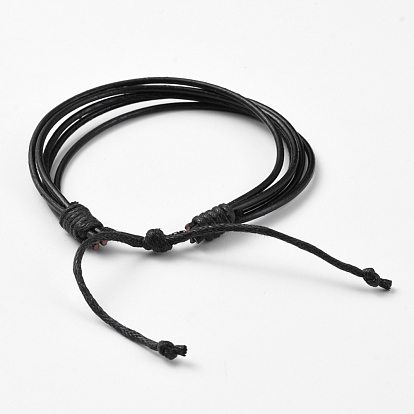 Adjustable Unisex Cowhide Leather Cord Bracelets, with Waxed Cotton Cord