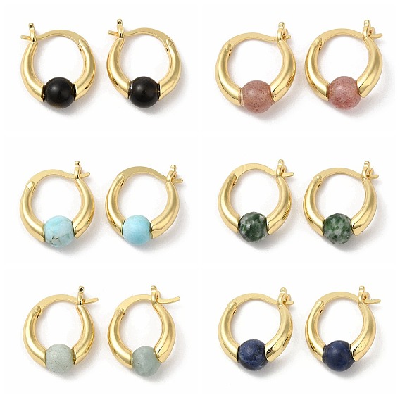 Natural & Synthetic Mixed Stone Round Beaded Hoop Earrings, Real 18K Gold Plated Brass Jewelry, Cadmium Free & Lead Free