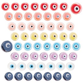 PandaHall Elite 64Pcs 8 Colors Handmade Porcelain Beads, Bright Glazed Porcelain, Flat Round with Evil Eye